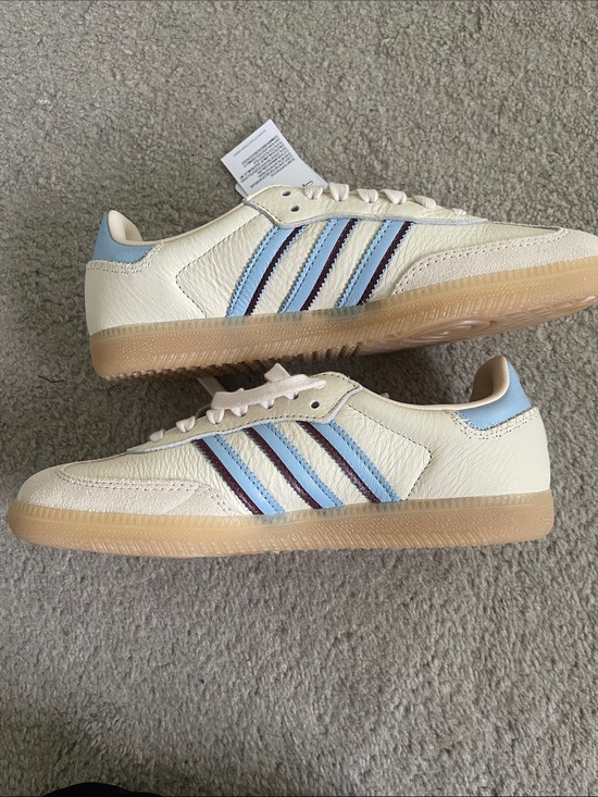 adidas Shoes - adidas Cream Sneakers with Light Blue and Burgundy Stripe Accents